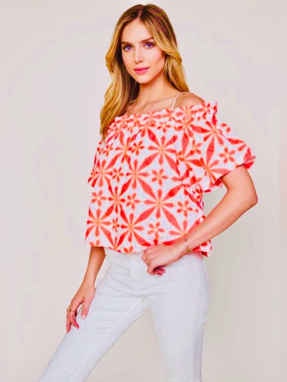 Skies Are Blue Neon Pink And White Floral Off Shoulder Top W/ Adjustable Straps